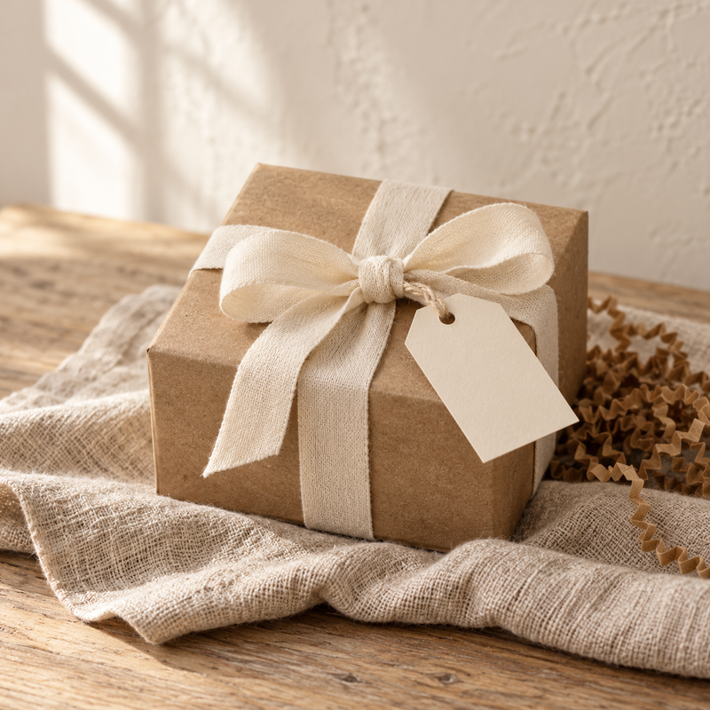 Hand-wrapped kraft gift box with an ivory ribbon