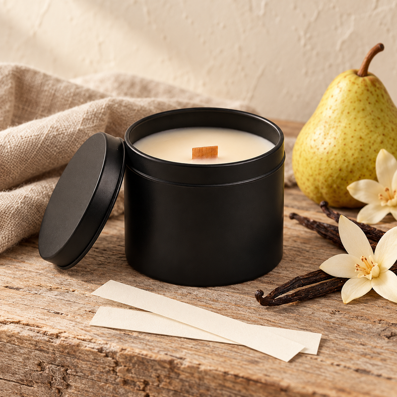 Wicked Farmhouse black tin wood wick candle with fragrance sampling strips