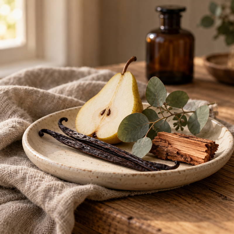 Pear, vanilla and cedar fragrance inspiration on linen