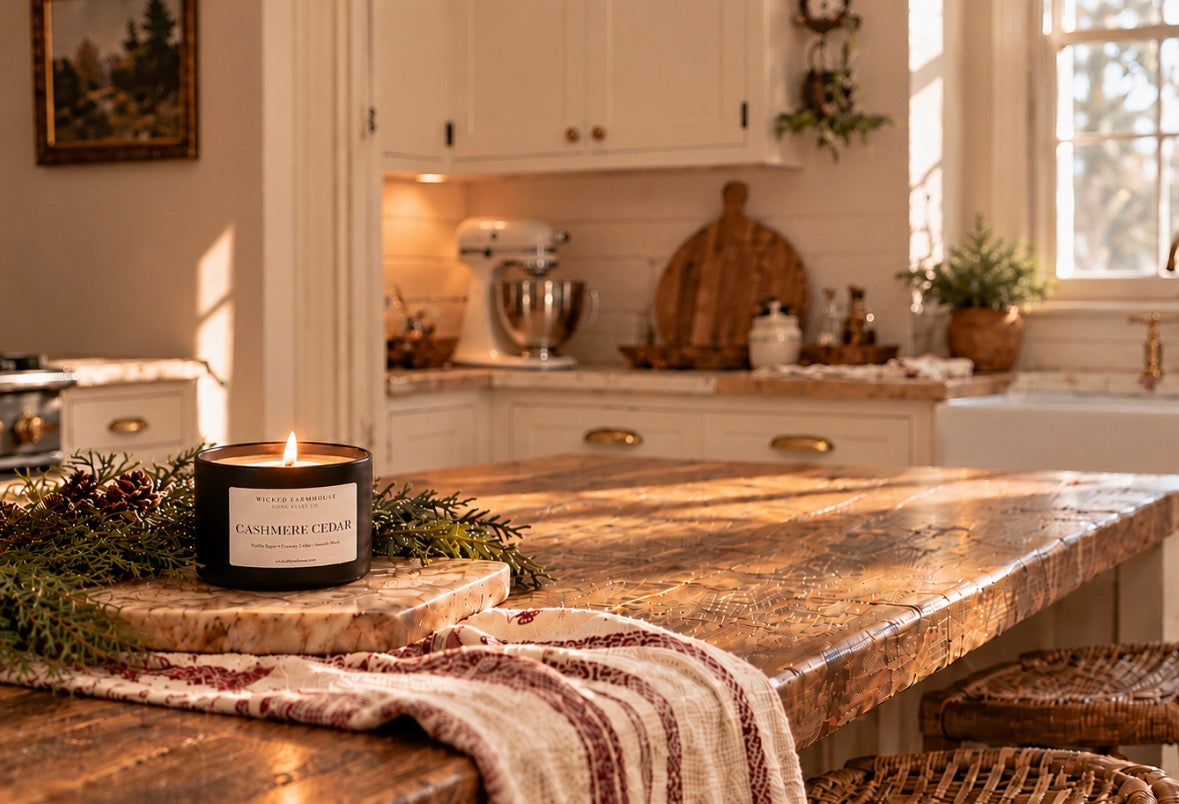 Cashmere Cedar candle on a farmhouse kitchen island in warm natural light